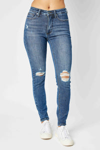 Judy Blue Mid Rise Tummy Control Destroy Skinny Denim 88798-Jeans-Sunshine and Wine Boutique