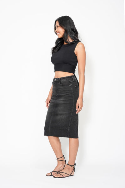 Judy Blue High Waist Rhinestone Embellished Mid Length Black Denim Skirt 2838-Jeans-Sunshine and Wine Boutique