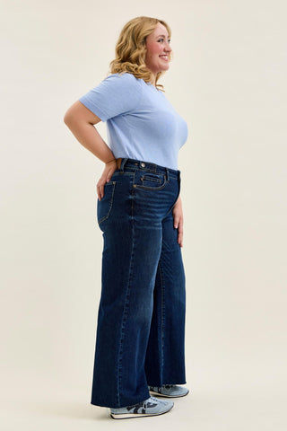 Judy Blue High Waist Adjustable Waistband Tabs Raw Hem Retro Wide Leg Denim Jeans 881114 - Petite