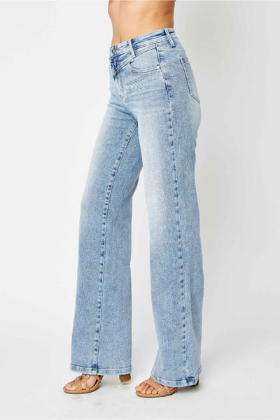 Judy Blue High Waist Front Yoke Retro Wide Leg Denim 88673-Jeans-Sunshine and Wine Boutique