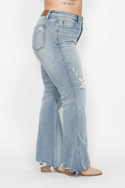 Judy Blue Mid Rise Tummy Control Destroy Flare Denim 88594-Jeans-Sunshine and Wine Boutique