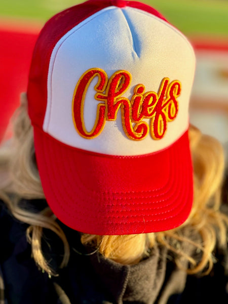 Texas True Threads Red & Gold Chiefs Chenille Patch Trucker Cap 3 Color Options - Exclusive-Hats-Sunshine and Wine Boutique