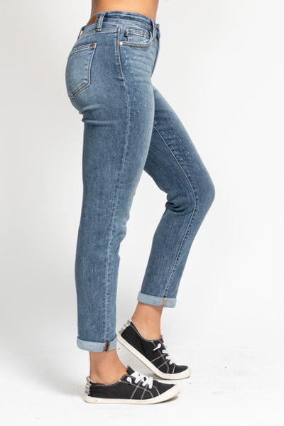 Judy Blue High Waist Bleach Splash Boyfriend Denim 82346-Jeans-Sunshine and Wine Boutique