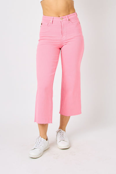 Judy Blue High Waist Tummy Control Garment Dyed Pink Wide Leg Crop Denim 88822-Jeans-Sunshine and Wine Boutique