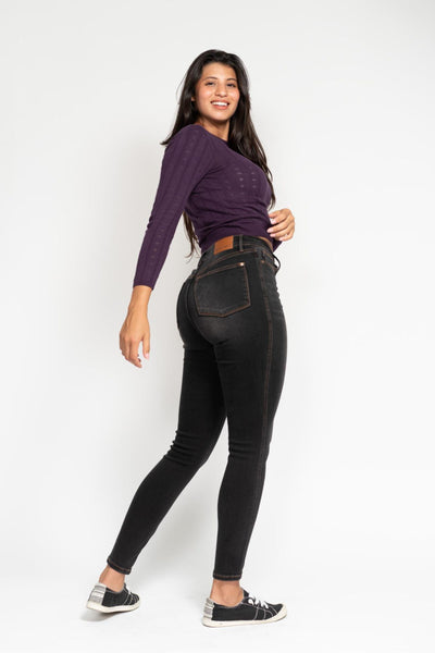 Judy Blue High Waist Tummy Control Black Wash & Contrast Thread Skinny 88768-Jeans-Sunshine and Wine Boutique