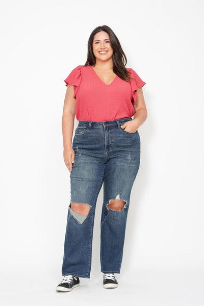 Judy Blue High Waist Knee Ripped Dad Denim 88680-Jeans-Sunshine and Wine Boutique