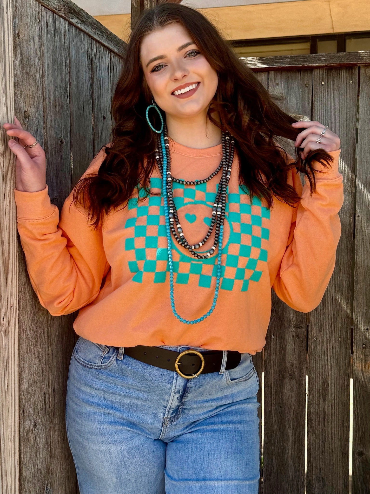 Texas True Threads Smiley Face in Turquoise Puff Ink-Tees-Sunshine and Wine Boutique