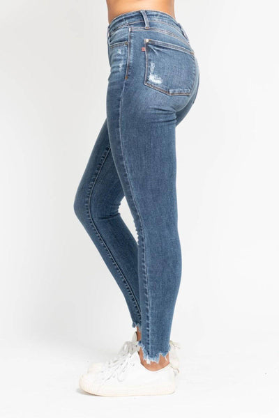 Judy Blue High Waist Destroy & Shark Bite Hem Skinny Denim Jeans 82491-Jeans-Sunshine and Wine Boutique