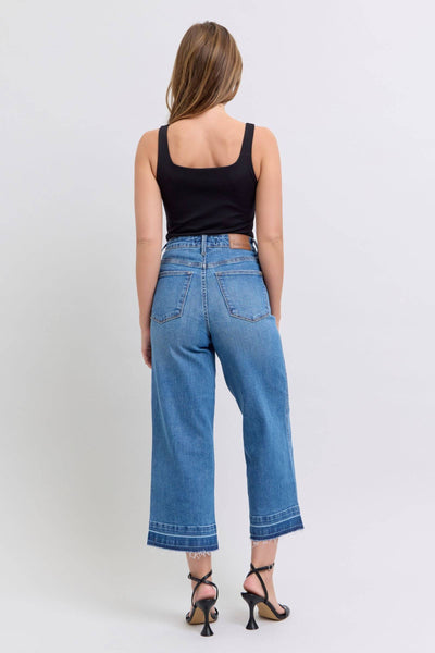 Judy Blue High Waist Tummy Control Release Hem Crop Wide Leg Denim Jeans 88875-Jeans-Sunshine and Wine Boutique