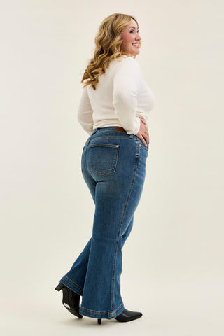 Judy Blue High Waist Tummy Control Double Button Flare Denim Jeans 881018 - Petite