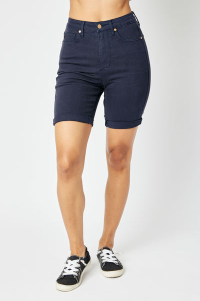 Judy Blue High Waist Tummy Control Garment Dyed Navy Bermuda Shorts 150270 - Exclusive-Shorts-Sunshine and Wine Boutique