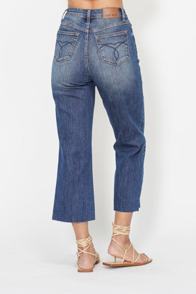 Judy Blue High Waist Back Pocket Embroidery Crop Wide Leg Denim 88873-Jeans-Sunshine and Wine Boutique