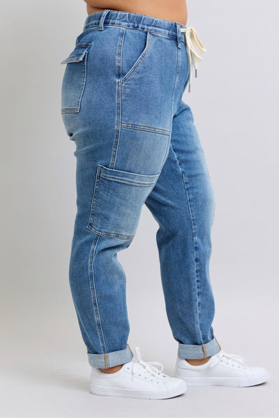 Judy Blue High Waist Cargo Cuff Jogger Denim Jeans 88909-Jeans-Sunshine and Wine Boutique