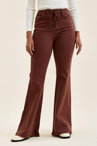 Judy Blue High Waist Cocoa Brown Lace Up Jaqueline Flare Denim Jeans 881179
