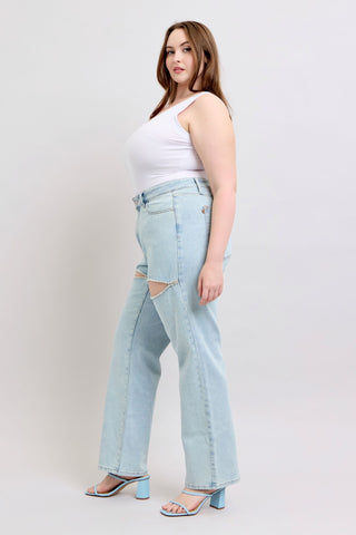 Judy Blue High Waist Rigid Magic Rhinestone Slits Detail Straight Denim Jeans 88954
