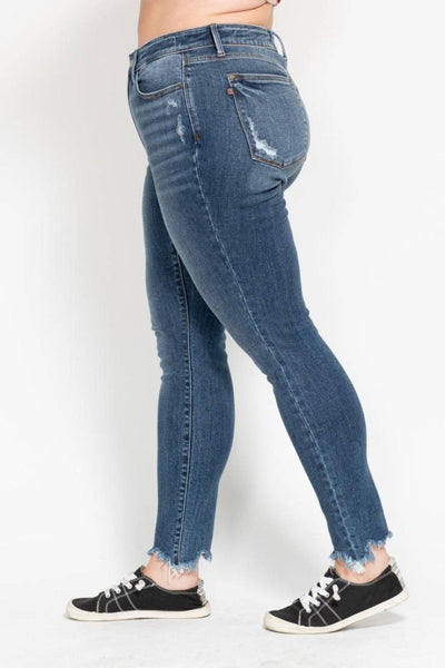 Judy Blue High Waist Destroy & Shark Bite Hem Skinny Denim Jeans 82491-Jeans-Sunshine and Wine Boutique