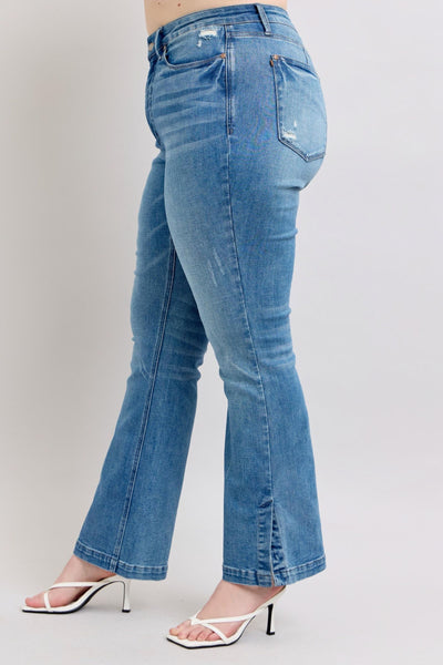 Judy Blue High Waist Tummy Control Vintage Wash Side Slit Slim Bootcut Denim Jeans 88930-Jeans-Sunshine and Wine Boutique