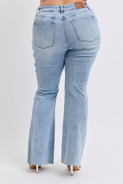 Judy Blue Mid Rise Button Fly Rhinestone Side Panel Detail Flare Denim Jeans 88895-Jeans-Sunshine and Wine Boutique