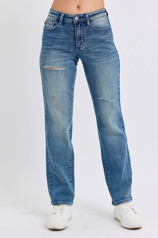 Judy Blue Mid Rise Contrast Wash Destroyed Dad Denim 88859-Jeans-Sunshine and Wine Boutique