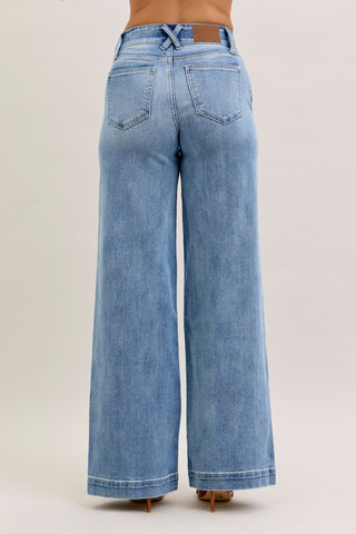 Judy Blue High Waist Double Button Trouser Wide Leg Denim Jeans 82675