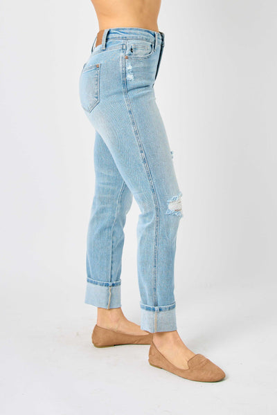 Judy Blue Mid Rise Flag Cuff Boyfriend Denim 88723-Jeans-Sunshine and Wine Boutique