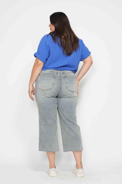 Judy Blue Mid Rise Tummy Control Raw Hem Wide Leg Crop Denim 88903-Jeans-Sunshine and Wine Boutique