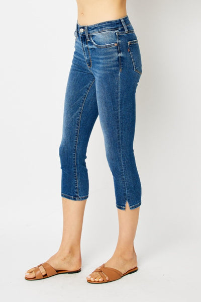 Judy Blue Mid Rise Side Slit Capri Denim 72113-Jeans-Sunshine and Wine Boutique