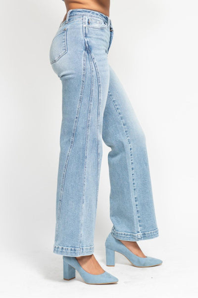 Judy Blue High Waist Side Seam Insert Detail Retro Wide Leg Denim 88766-Jeans-Sunshine and Wine Boutique