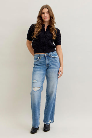 Judy Blue Mid Rise Rigid Magic Destroy Straight Denim Jeans 881038