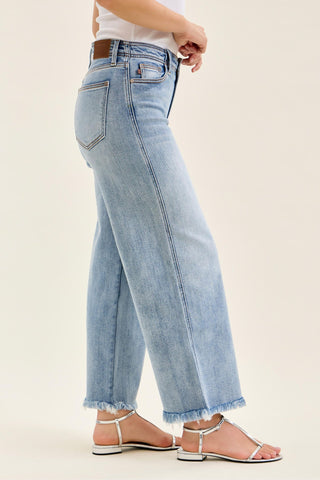 Judy Blue Mid Rise Hollywood Fray Hem Wide Leg Denim Jeans 82728