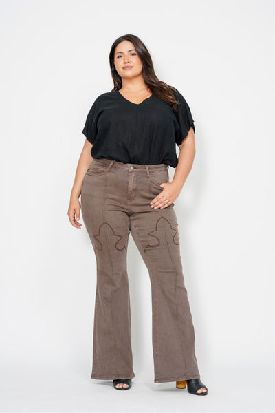 Judy Blue High Waist Garment Dyed Knee Seam Detail & Shield Pockets Flare Denim 88846-Jeans-Sunshine and Wine Boutique