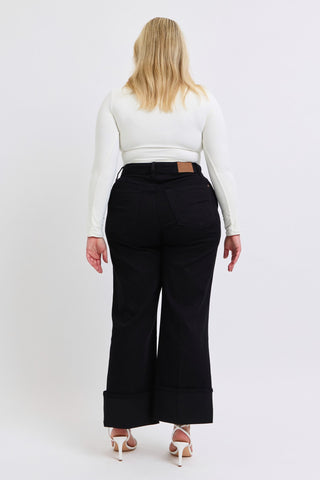 Judy Blue High Waist Retro Wide Leg Black Cuffed Denim Jeans 82617