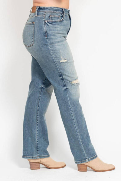 Judy Blue High Waist Harsh Tint & Destroy Straight Dad Denim Jeans 82641-Jeans-Sunshine and Wine Boutique