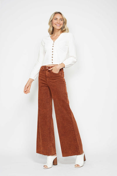 Judy Blue High Waist Garment Dyed Pumpkin Spice Raw Hem Retro Wide Leg Denim 88888-Jeans-Sunshine and Wine Boutique