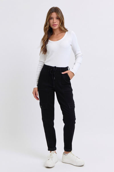 Judy Blue High Waist Cargo Cuff Black Jogger Denim 88910-Jeans-Sunshine and Wine Boutique