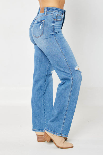 Judy Blue High Waist "Tummy Control" Knee Destroy Straight Denim 88785-Jeans-Sunshine and Wine Boutique