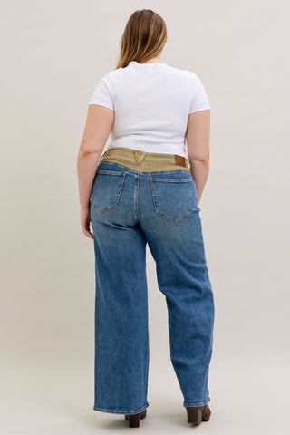 Judy Blue Mid Rise Corduroy Waist Column Straight Denim Jeans 881054