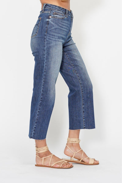 Judy Blue High Waist Back Pocket Embroidery Crop Wide Leg Denim 88873-Jeans-Sunshine and Wine Boutique