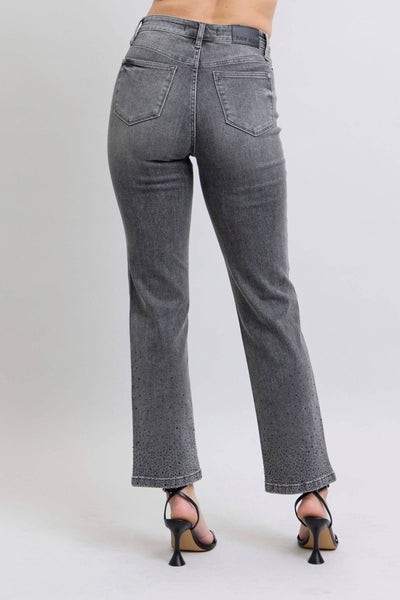 Judy Blue High Waist Rhinestone Gray Straight Denim Jeans 88919-Jeans-Sunshine and Wine Boutique