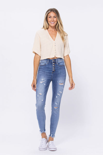 Judy Blue High Waist Destroyed Button Fly Skinny Denim 82263-Jeans-Sunshine and Wine Boutique