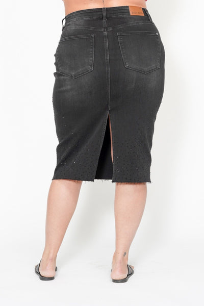 Judy Blue High Waist Rhinestone Embellished Mid Length Black Denim Skirt 2838-Jeans-Sunshine and Wine Boutique