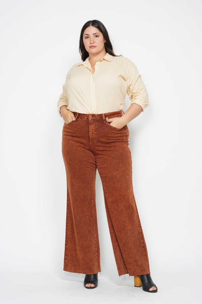 Judy Blue High Waist Garment Dyed Pumpkin Spice Raw Hem Retro Wide Leg Denim 88888-Jeans-Sunshine and Wine Boutique