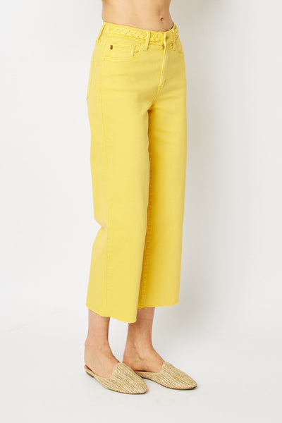 Judy Blue High Waist Garment Dyed Yellow Braided Waistband Wide Leg Crop Denim 88777-Jeans-Sunshine and Wine Boutique