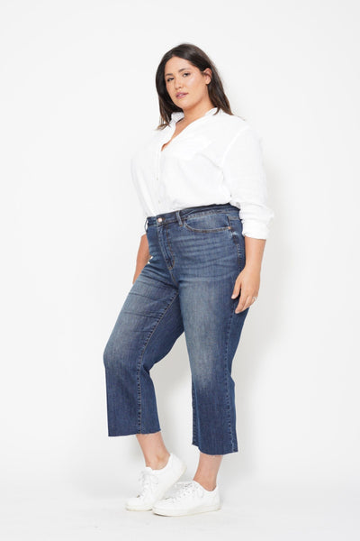 Judy Blue High Waist Back Pocket Embroidery Crop Wide Leg Denim 88873-Jeans-Sunshine and Wine Boutique