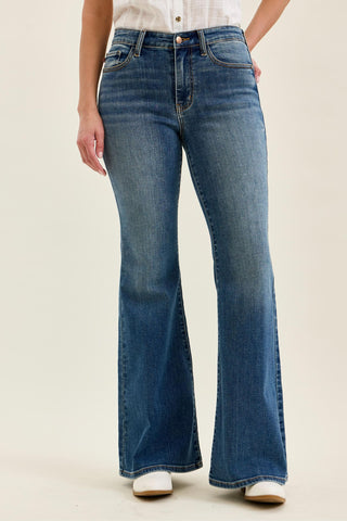 Judy Blue Mid Rise Triple Needle Pockets & Bandana Loop Jaqueline Flare Denim Jeans 82726