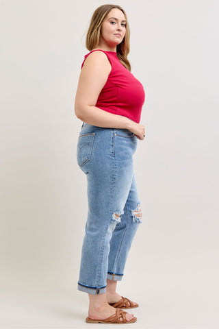 Judy Blue Mid Rise Destroyed Cuffed Boyfriend Denim Jeans 82688