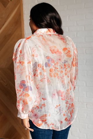 One Eleven North Call Me Back Sheer Floral Button Up Blouse