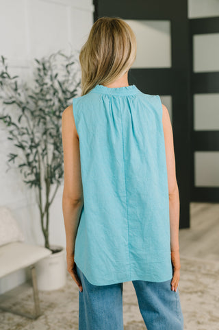 Dear Scarlett Camellia Split Neck Embroidered Tank in Aqua