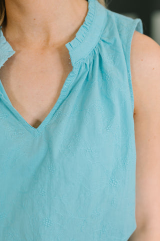 Dear Scarlett Camellia Split Neck Embroidered Tank in Aqua