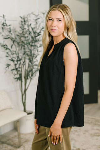 Dear Scarlett Camellia Split Neck Embroidered Tank in Black